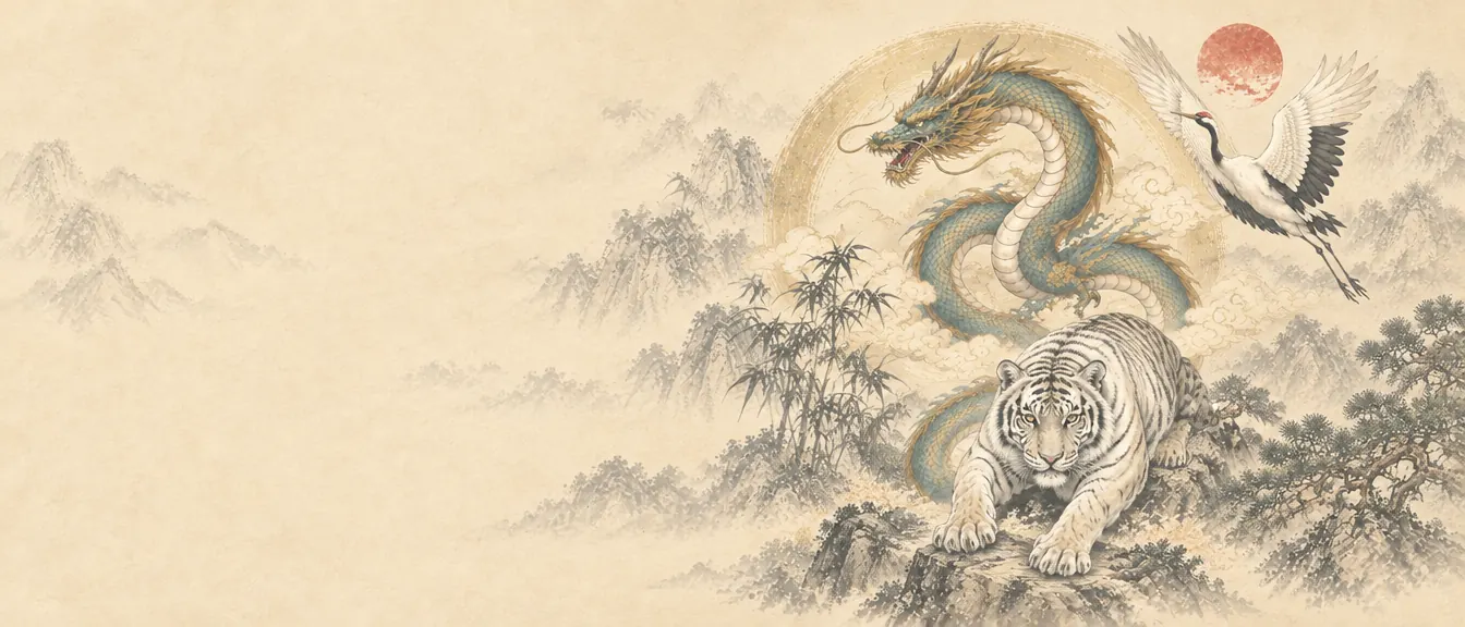 Ink painting of the Dragon, the Tiger and the Crane together over misty mountains