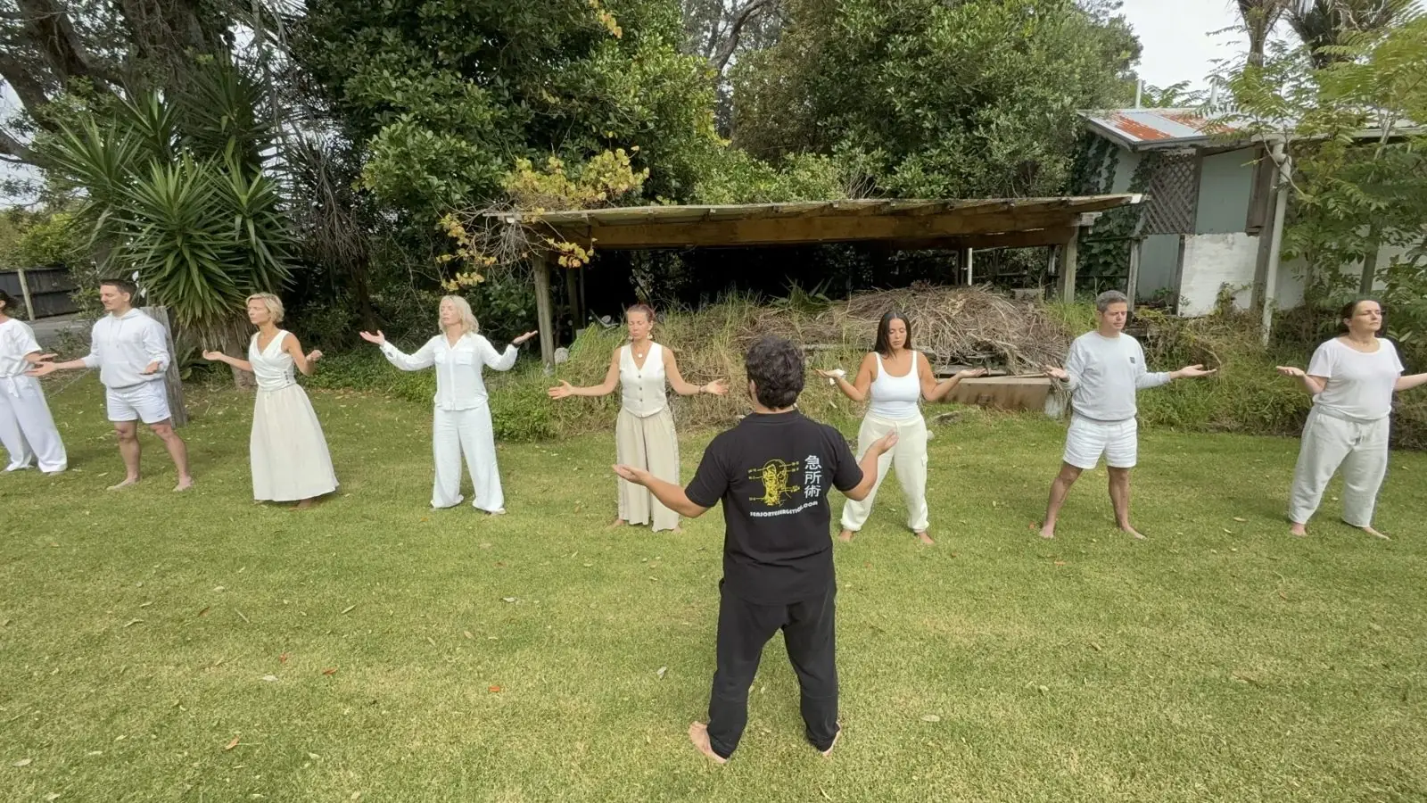 Group practising qigong-based Sensory Energetics exercises outdoors