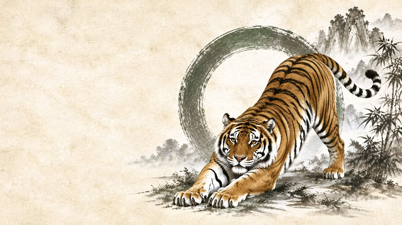 Ink painting of a tiger stretching low