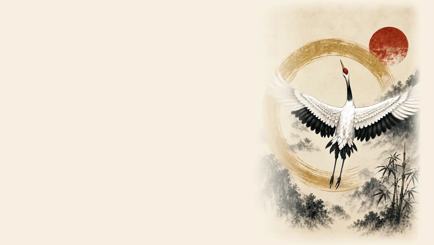 Ink painting of a crane flying in front of a red sun