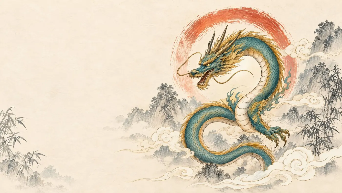 Ink painting of a dragon rising through clouds