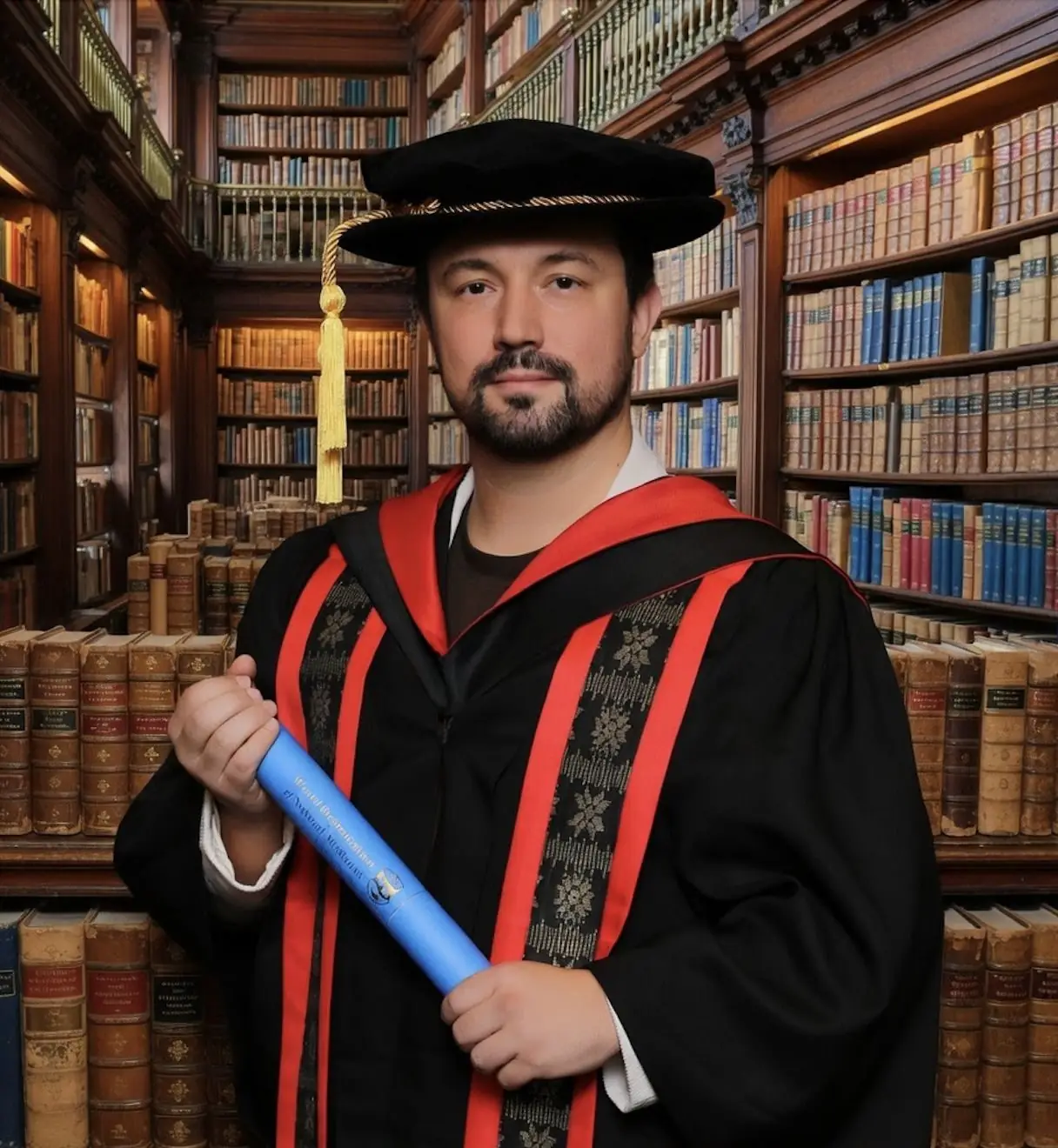 Dr. Daniel Flash in doctoral robes in a library