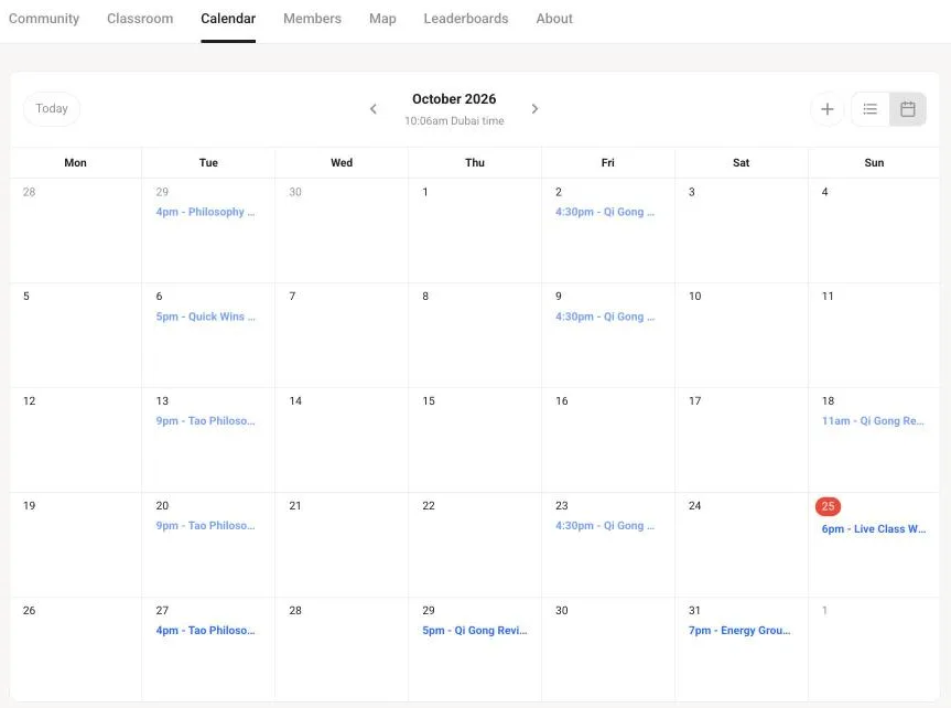The calendar of live online classes for one month